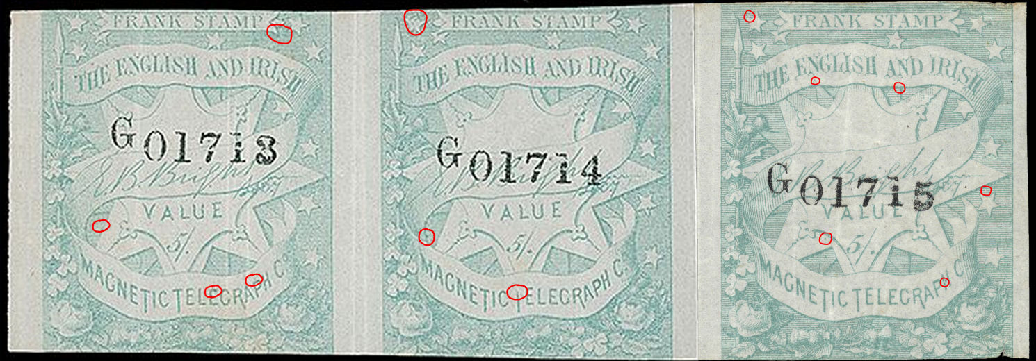1/- multiple G01713-5 with flaws marked.