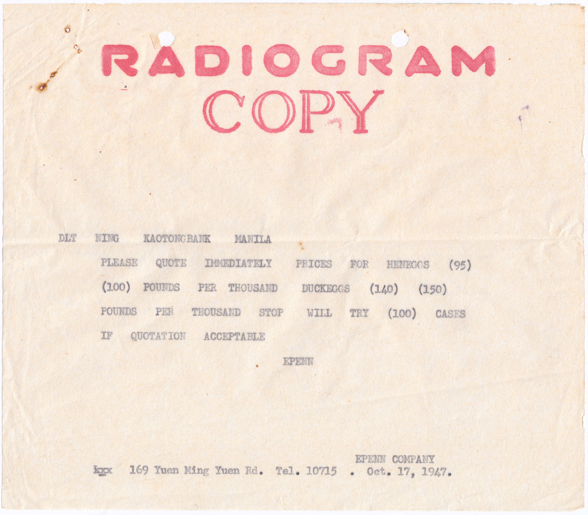 Radiogram copy Via RCA 17-10-47