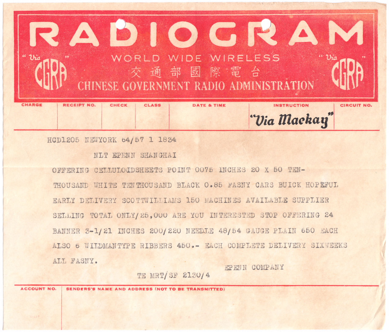 Radiogram Via Mackay