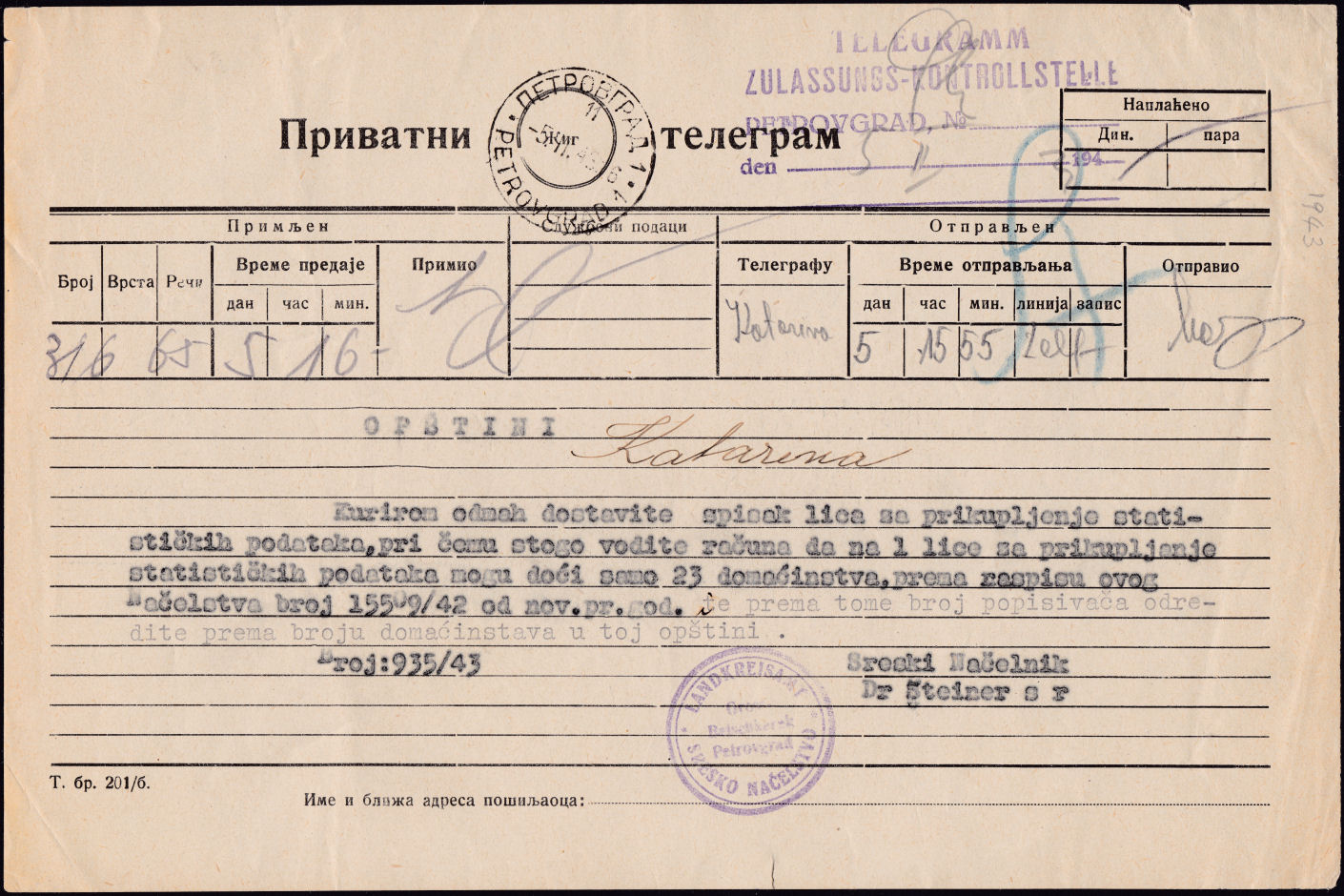 1943 Petrovgrad telegram.