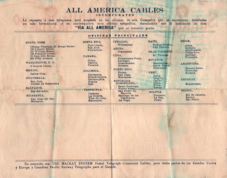 Uruguay Telegram of ??? - front