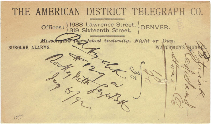 Denver card of 1892 stating Offices