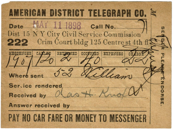 1898 Messenger Receipt - Criminal Court May 11