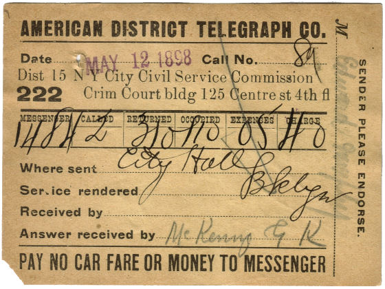 1898 Messenger Receipt - Criminal Court May 12