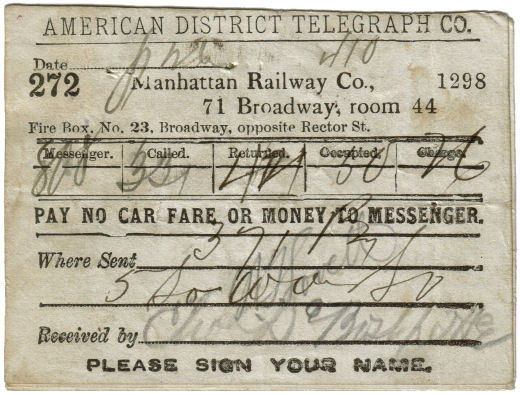 1881 Messenger Receipt - Manhattan Railway Co.