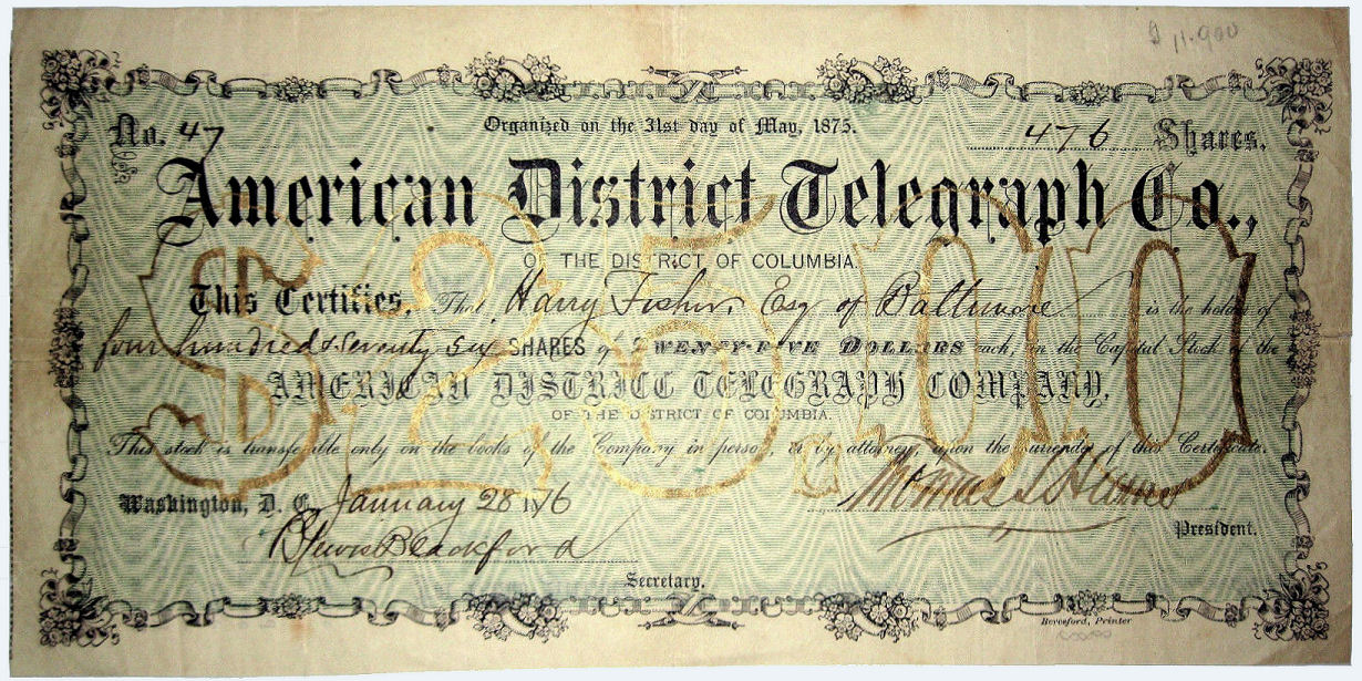 1876 Stock Certificate for Harry Fisher.