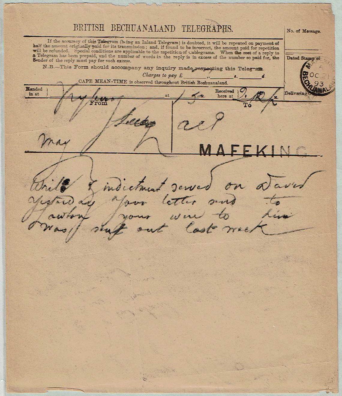 British Bechuanaland Form 21 October 1893