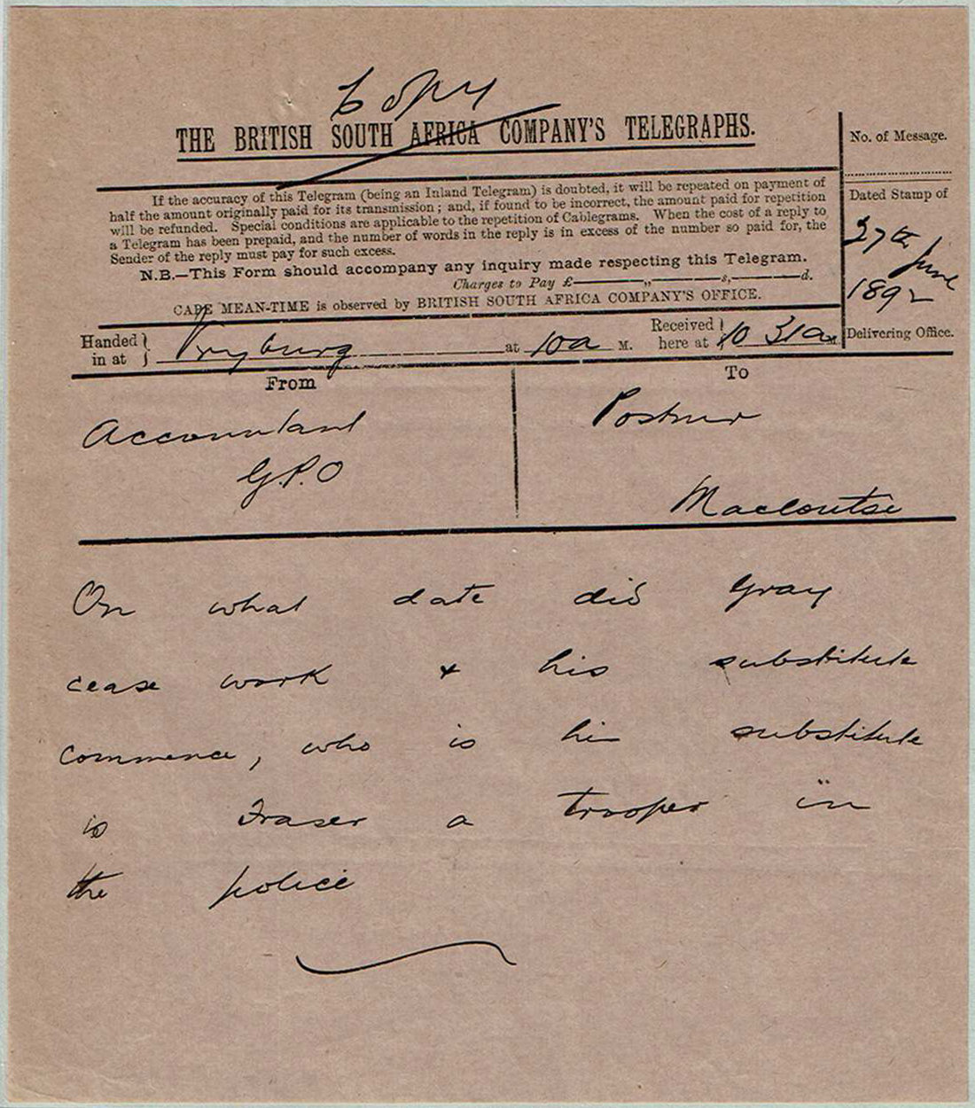 British South Africa Co. Form