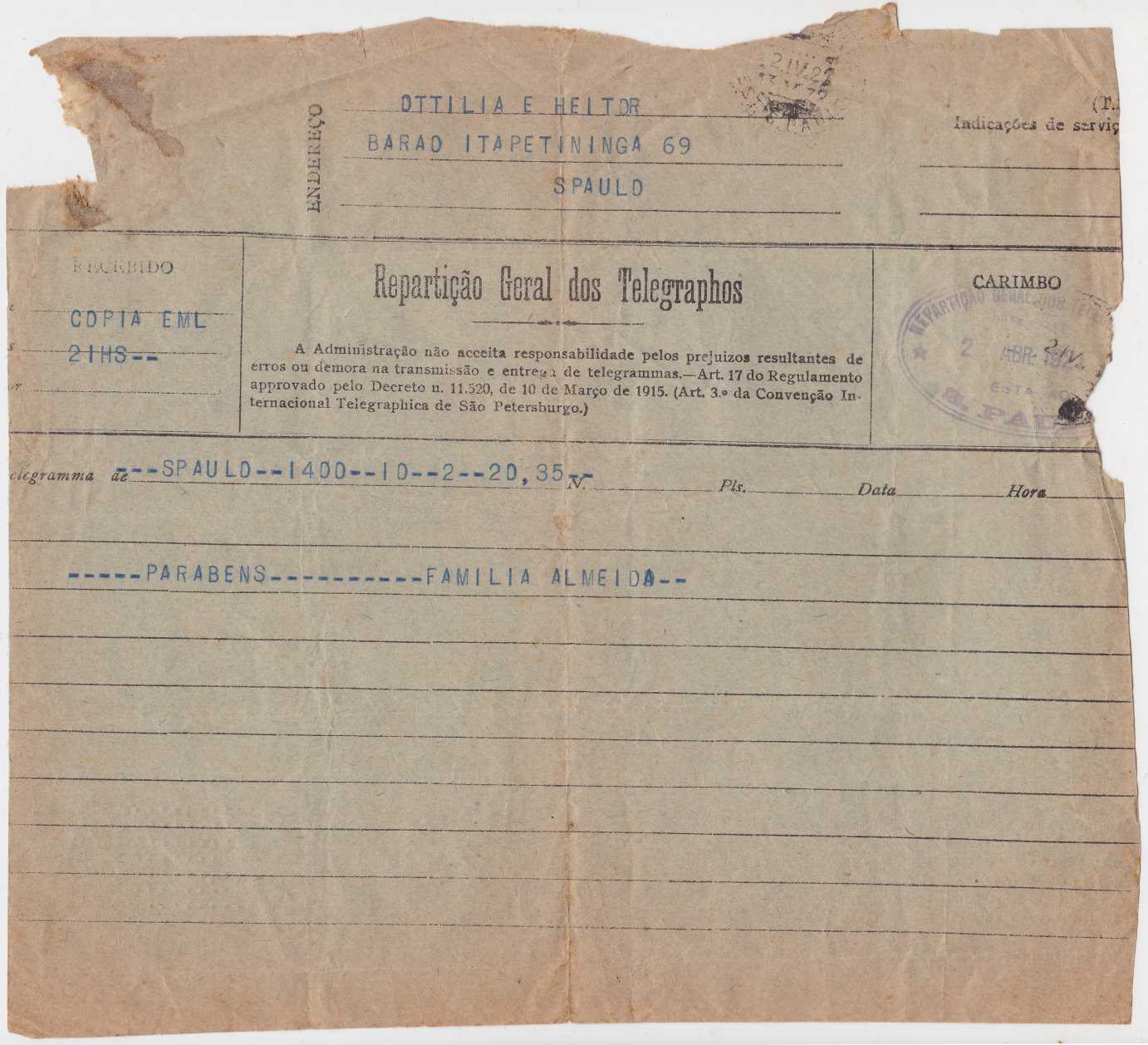Brazil 2-4-1921 - front