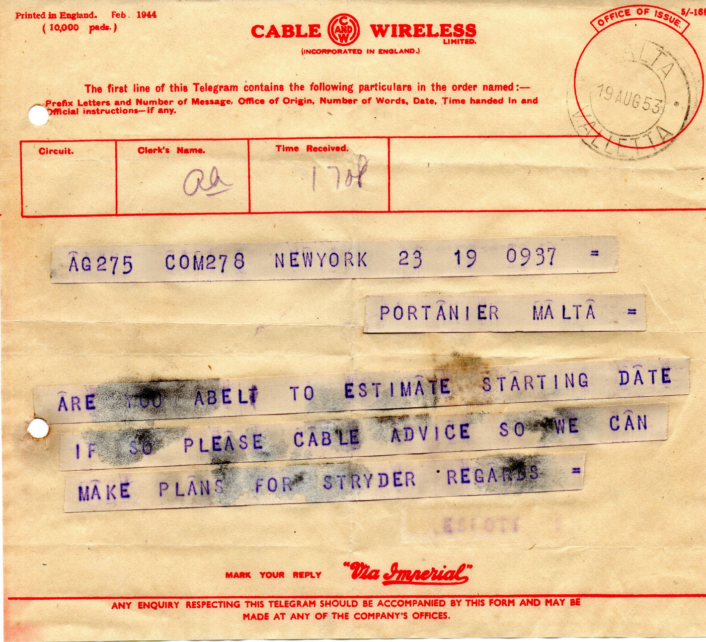 Telegram, Valetta, Malta 19 August 1953