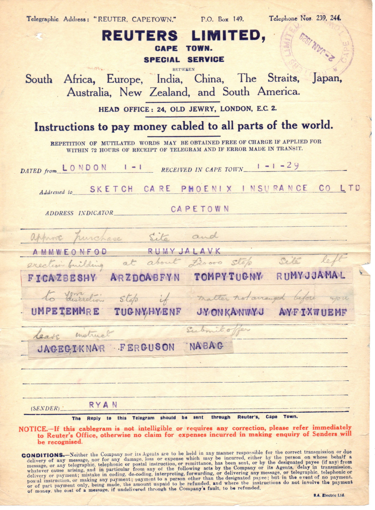 Reuters telegram of 1929