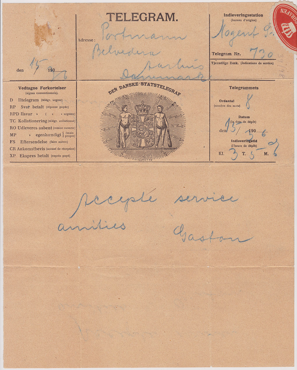 State Telegram used 15/3/1906