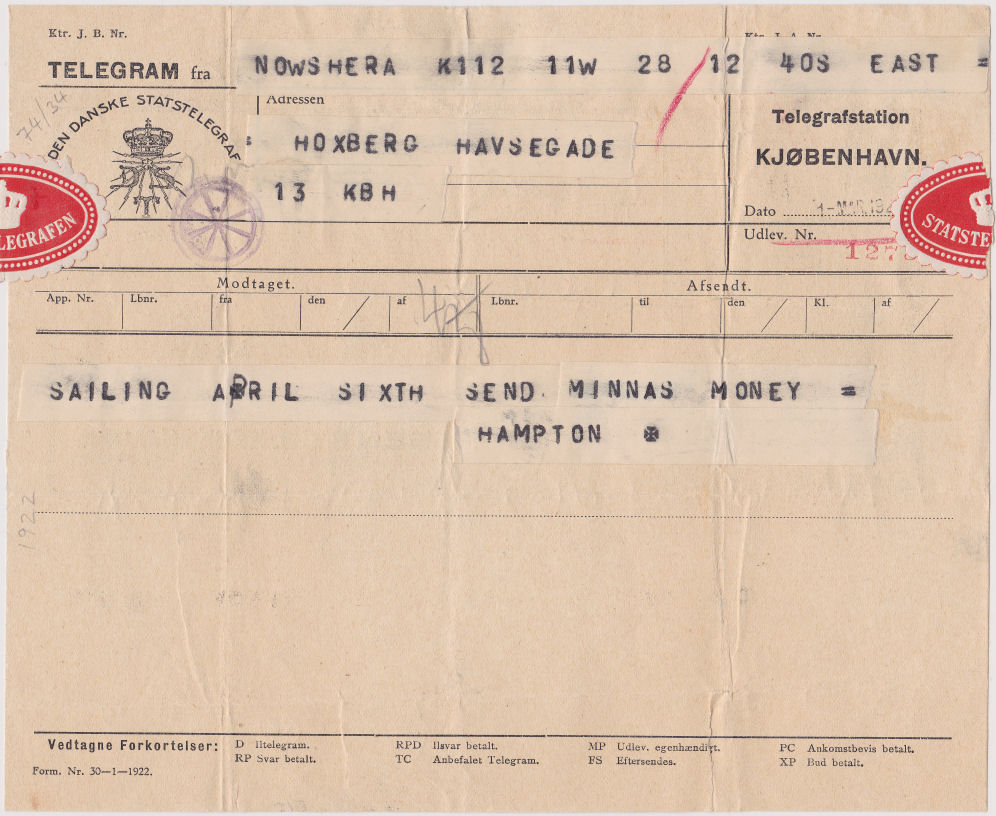 State Telegram used 1/3/1922