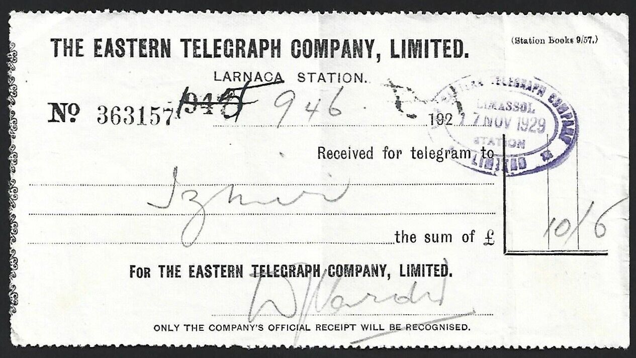 Eastern / Marconi 1929 receipt 