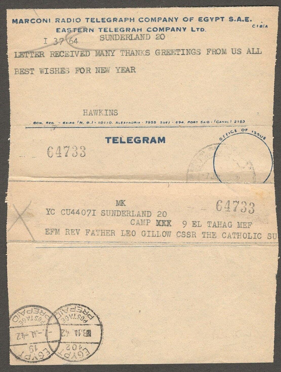 Eastern / Marconi 1942 telegram 