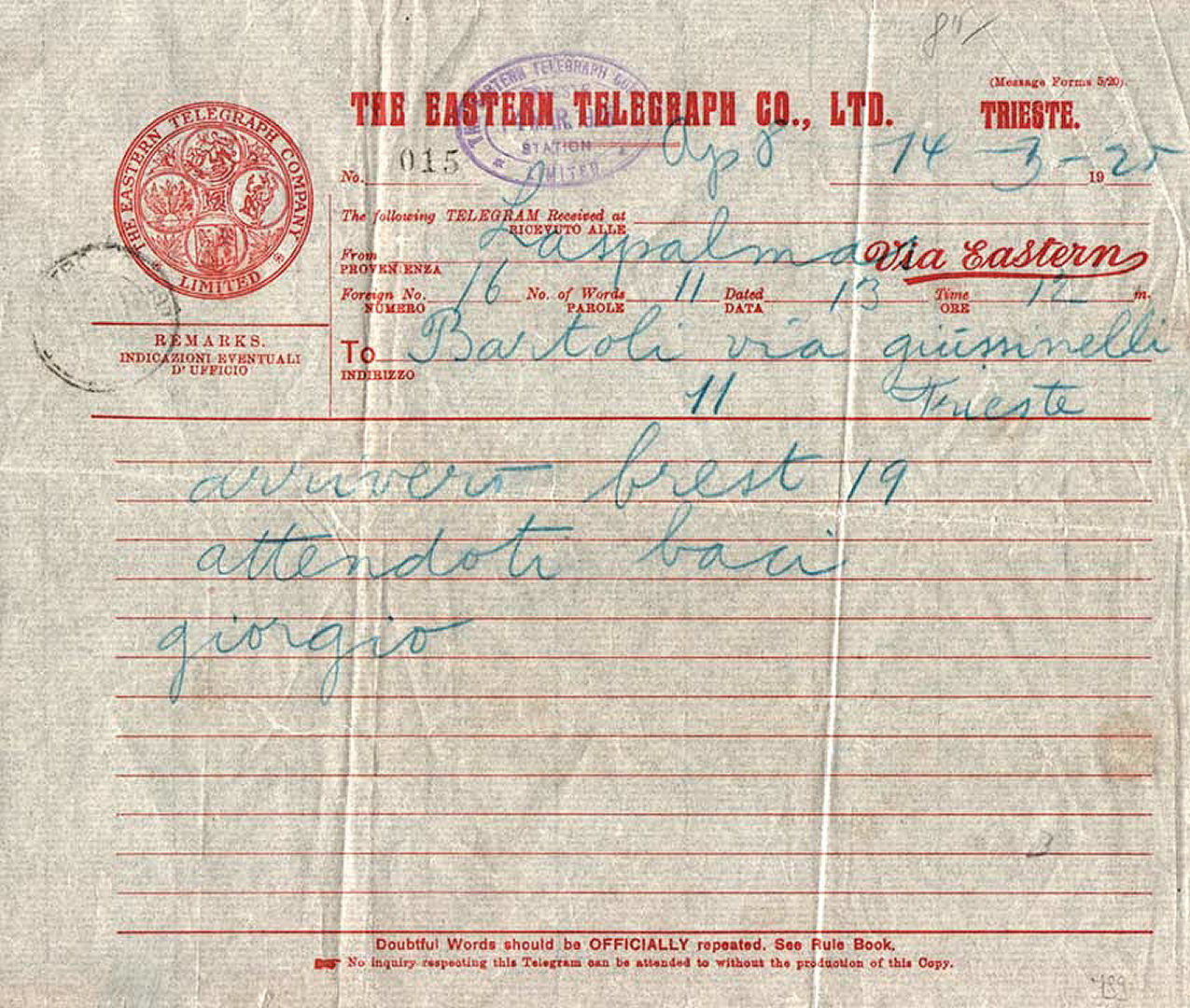 Eastern, 1925 Trieste Telegram