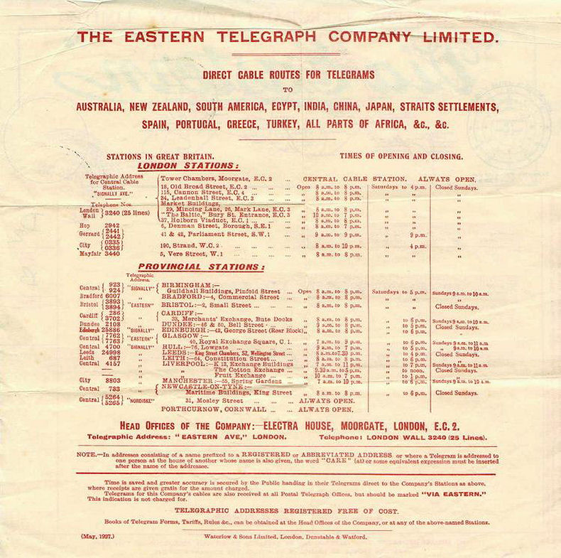 ETC Telegram of 31 December 1927 - back