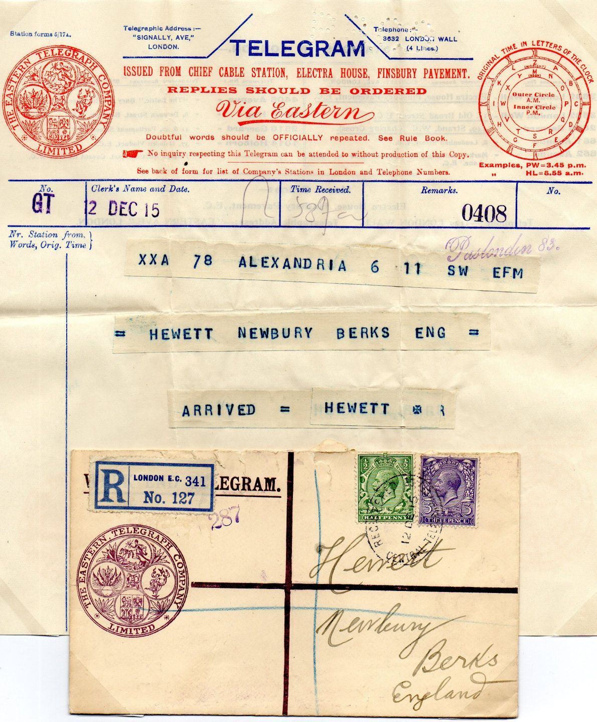 Eastern Telegram and registered envelope of 1915