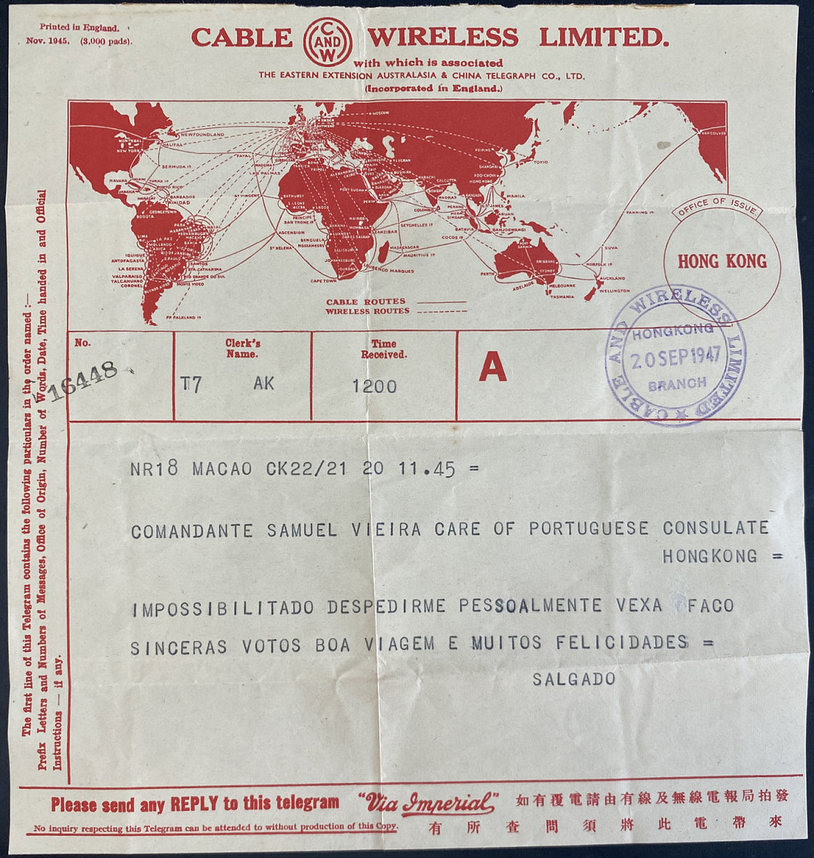 Cable & Wireless Telegram 1947.