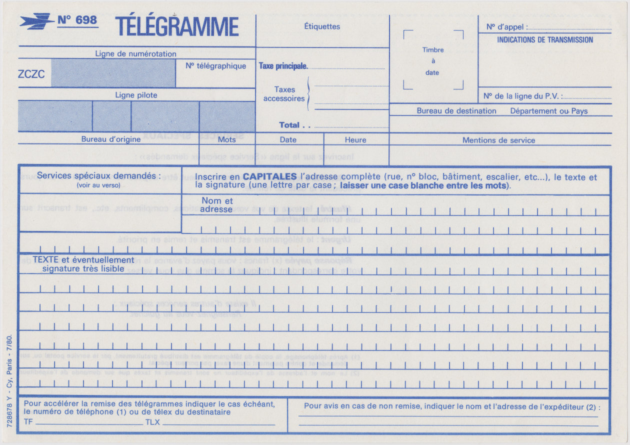 July 1980 sending Telegram - front