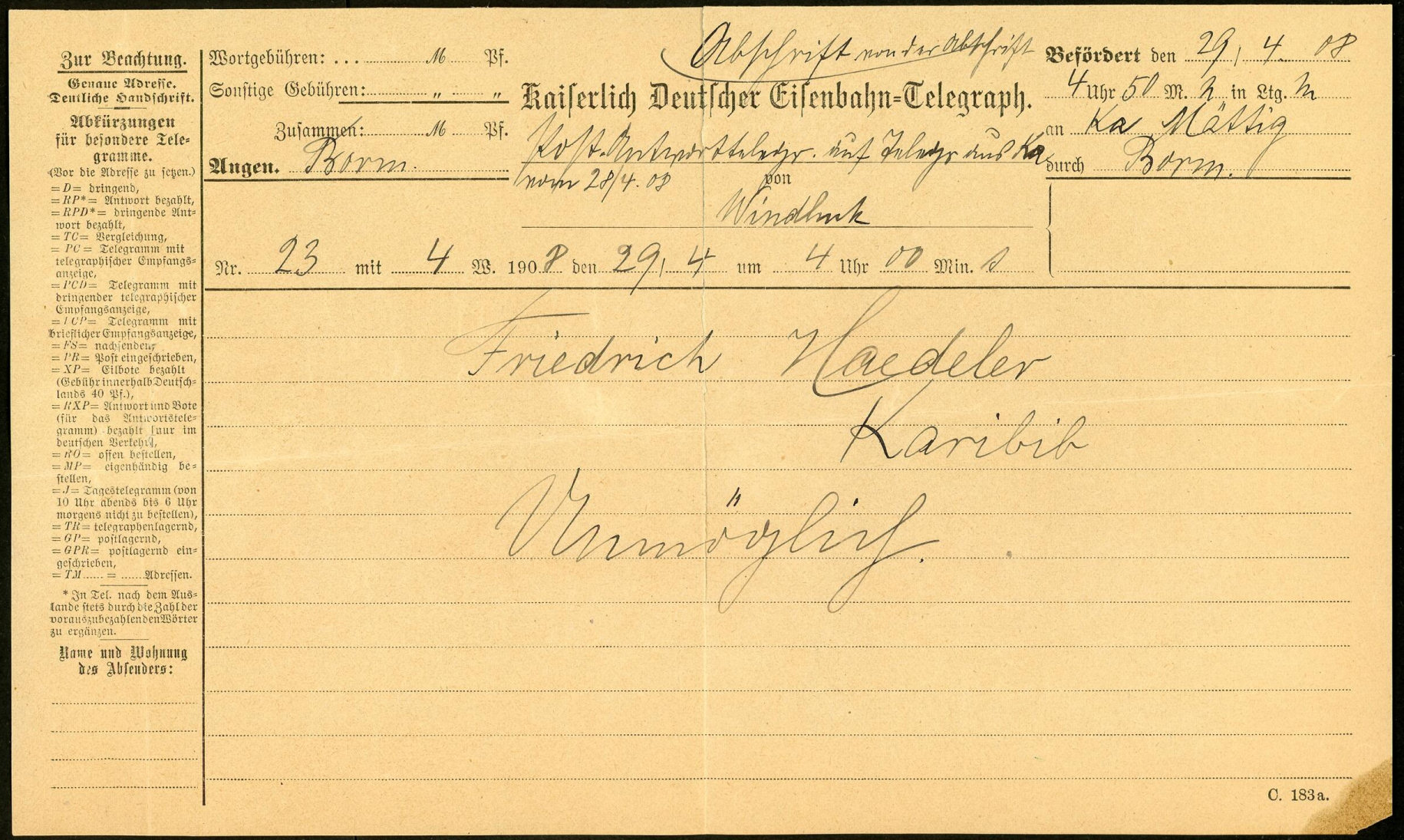 29 April 1908 form C. 183a