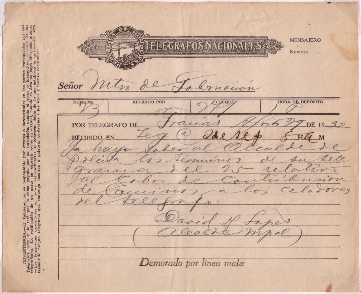 Telegram of 29 August 1932