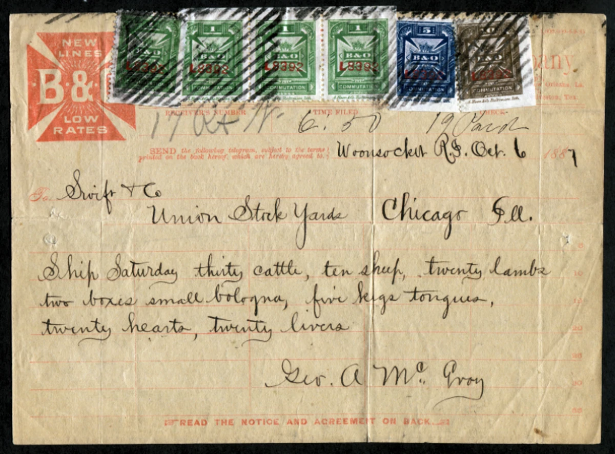 USA B&O Telegraph form - Hoen - 6-10-1887