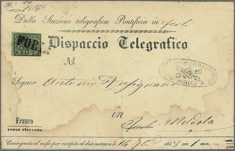 Italian Telegraph envelope used 1858.