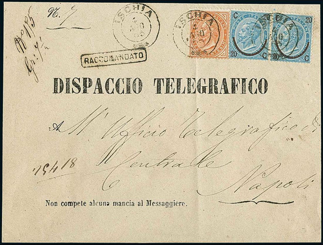 Italian Telegraph envelope used 1865.