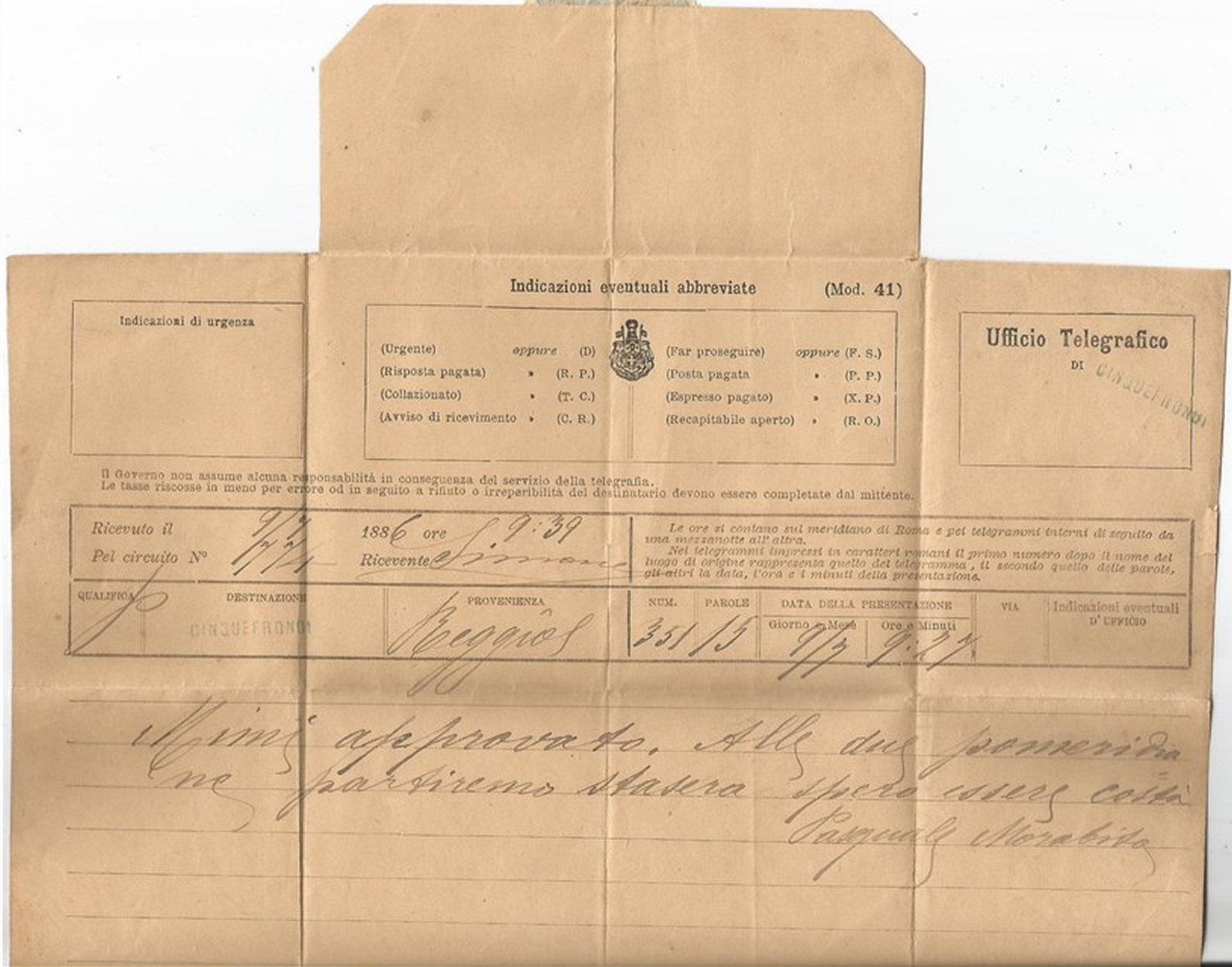 Italian Telegram used 1886