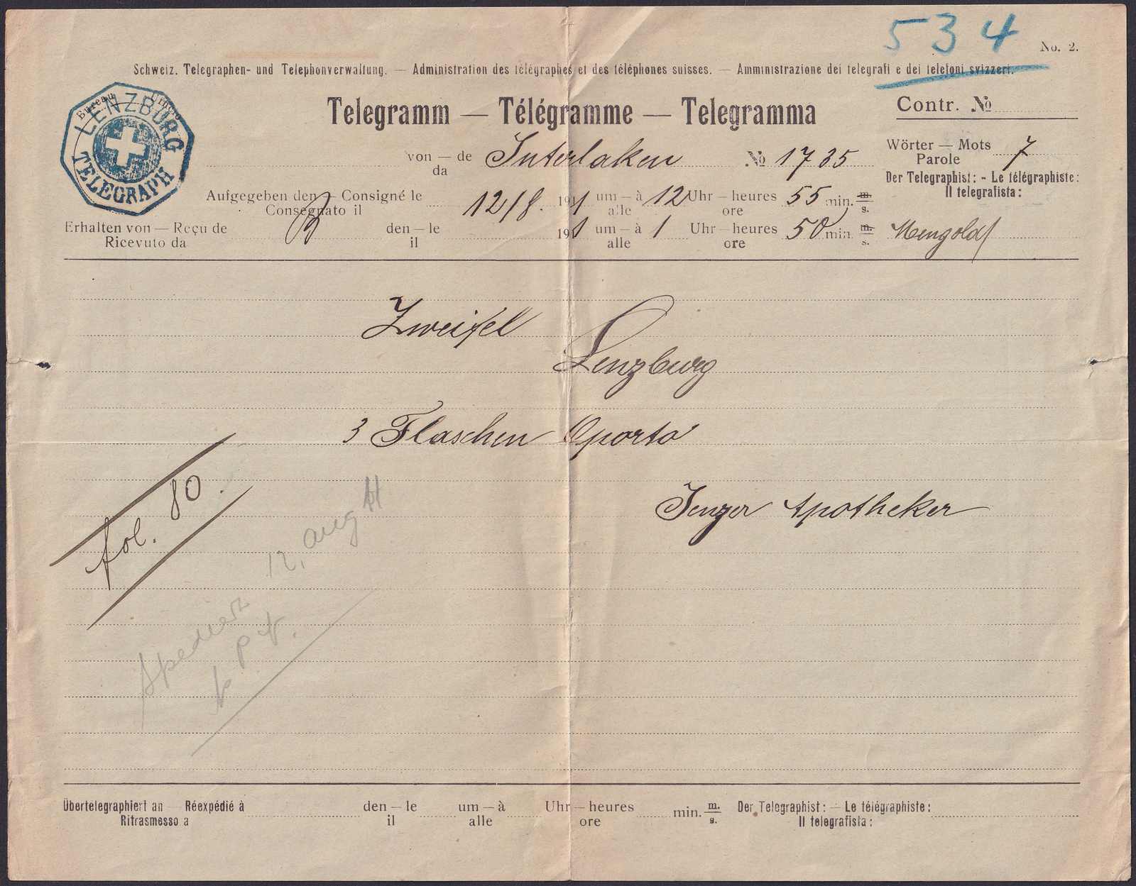 Delivery Form No. 17 - FLÜHLI 1884
