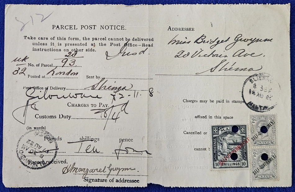 Malta 1922 customs