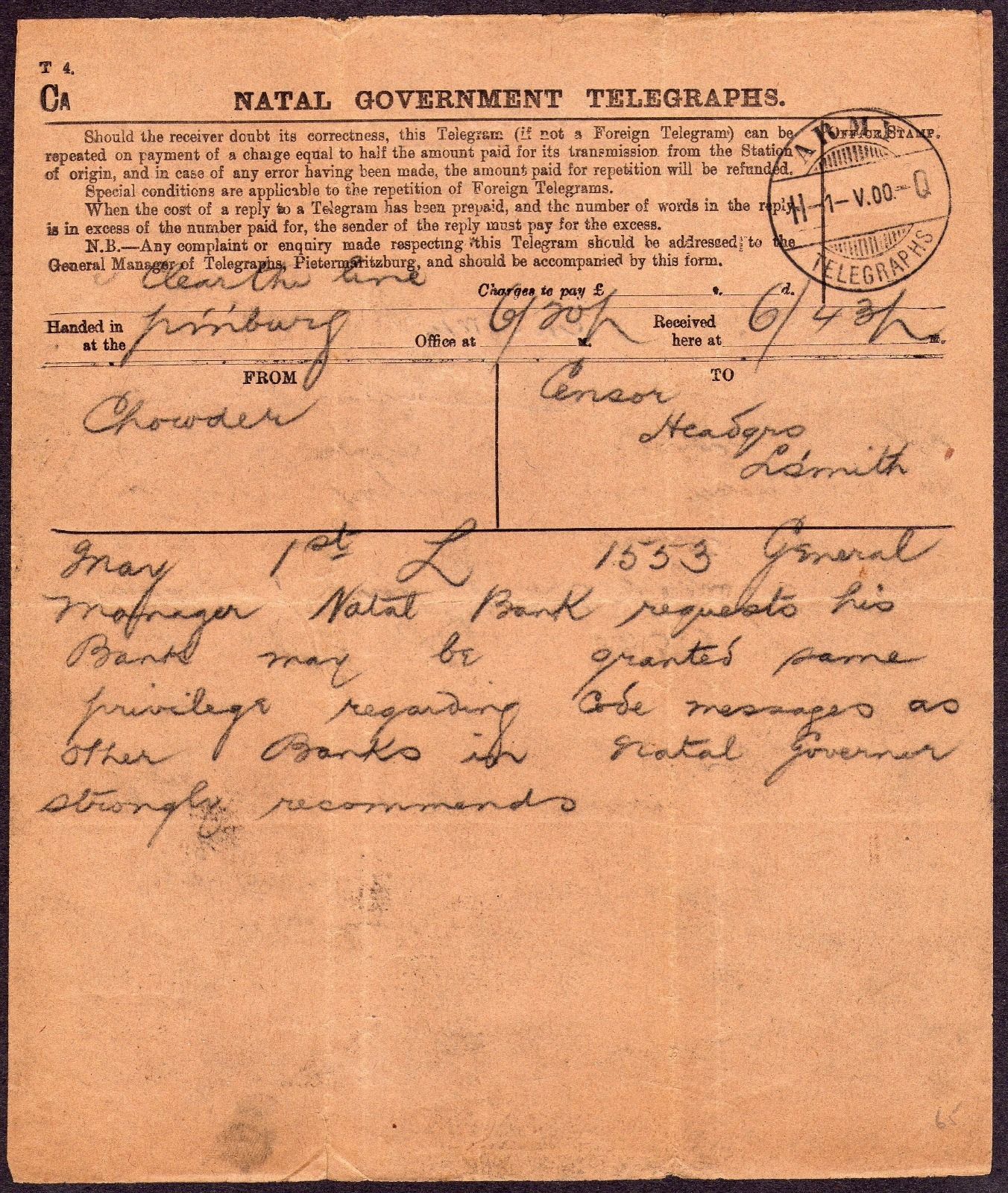 Censor HQ Ladysmith, 1 May 1900