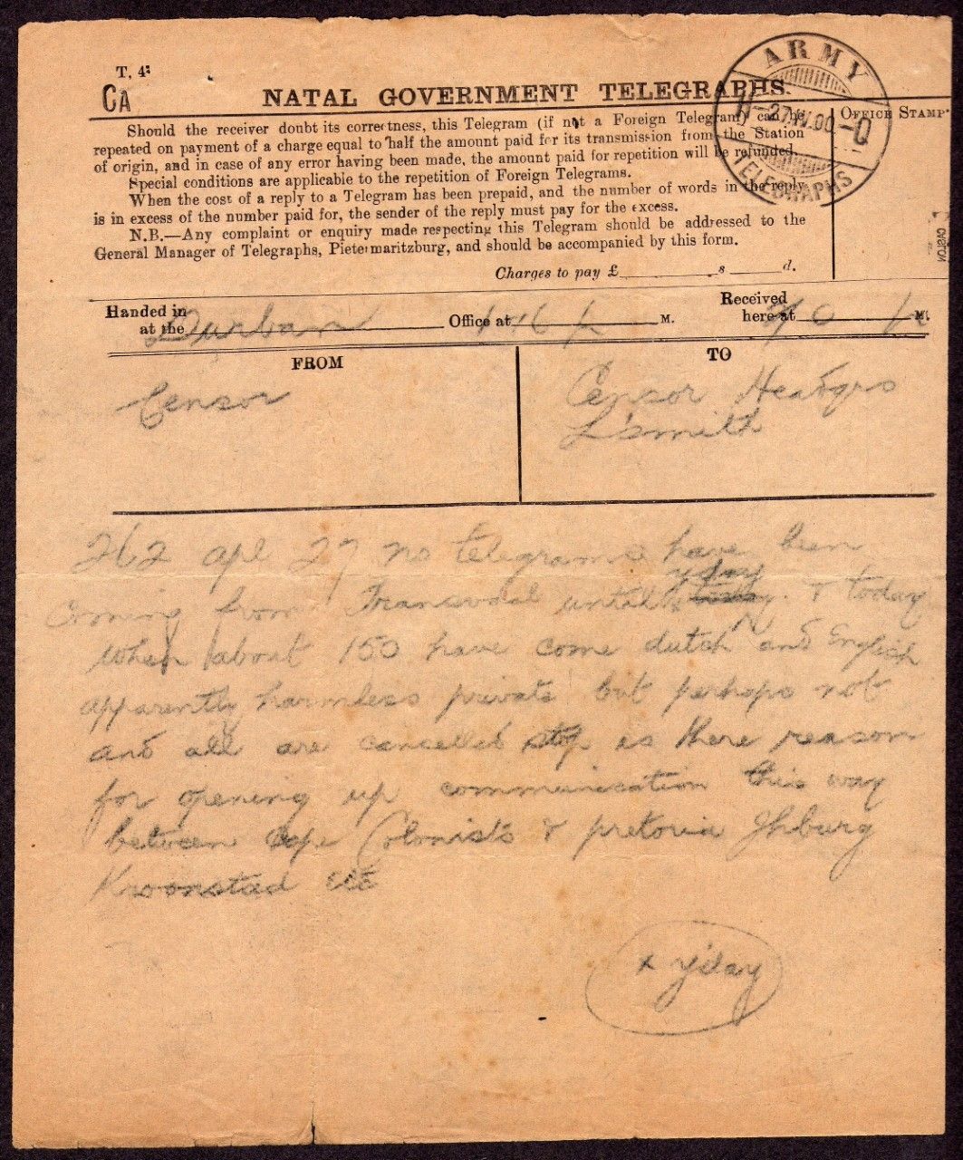 Censor HQ Ladysmith, 27 April 1900