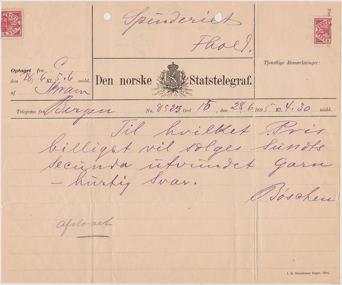 Norway Telegram used 28/6/1895