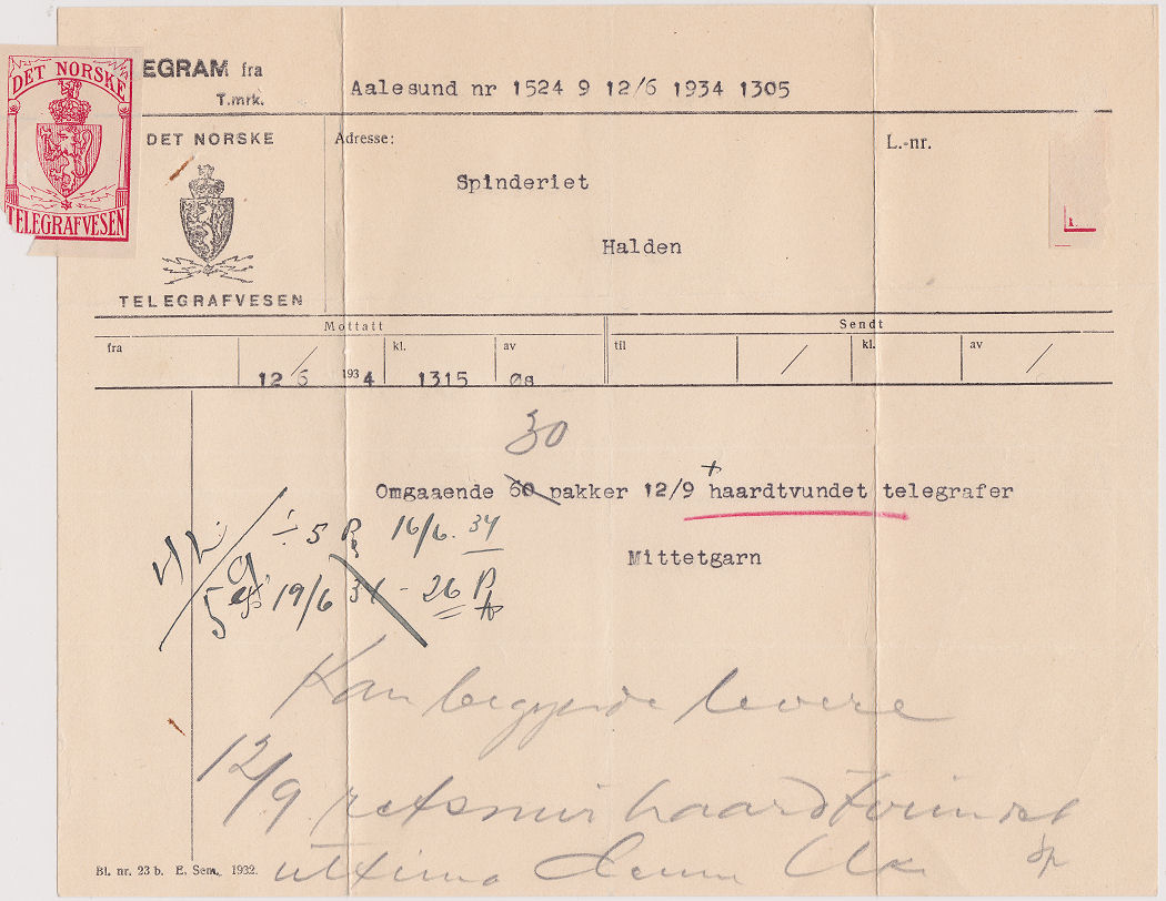 Norway Telegram used 12/5/1934