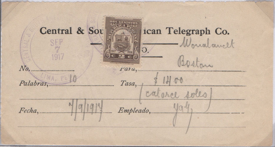 Central & South American Telegraph Co. Receipt