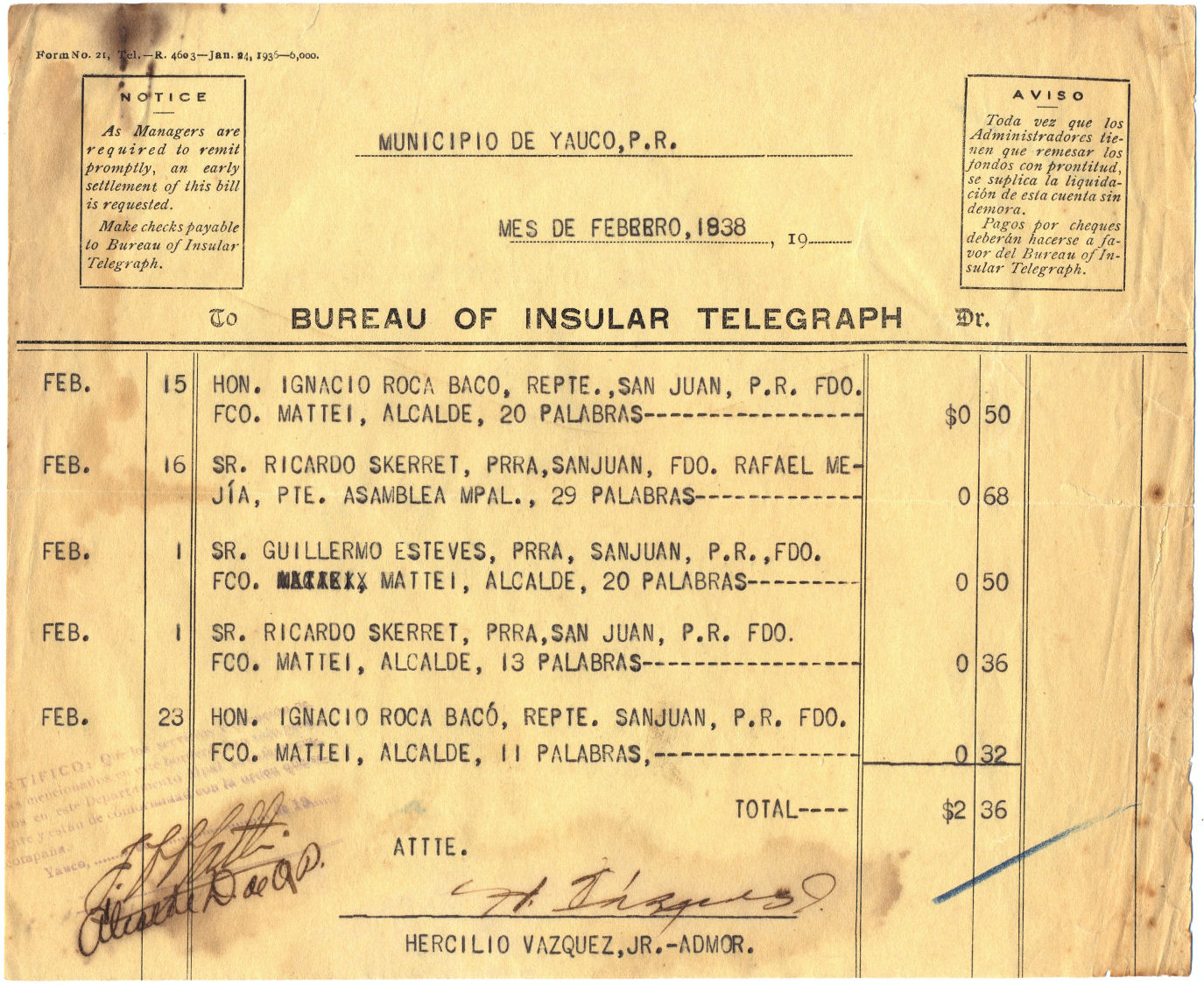 1938 bill for Telegraph