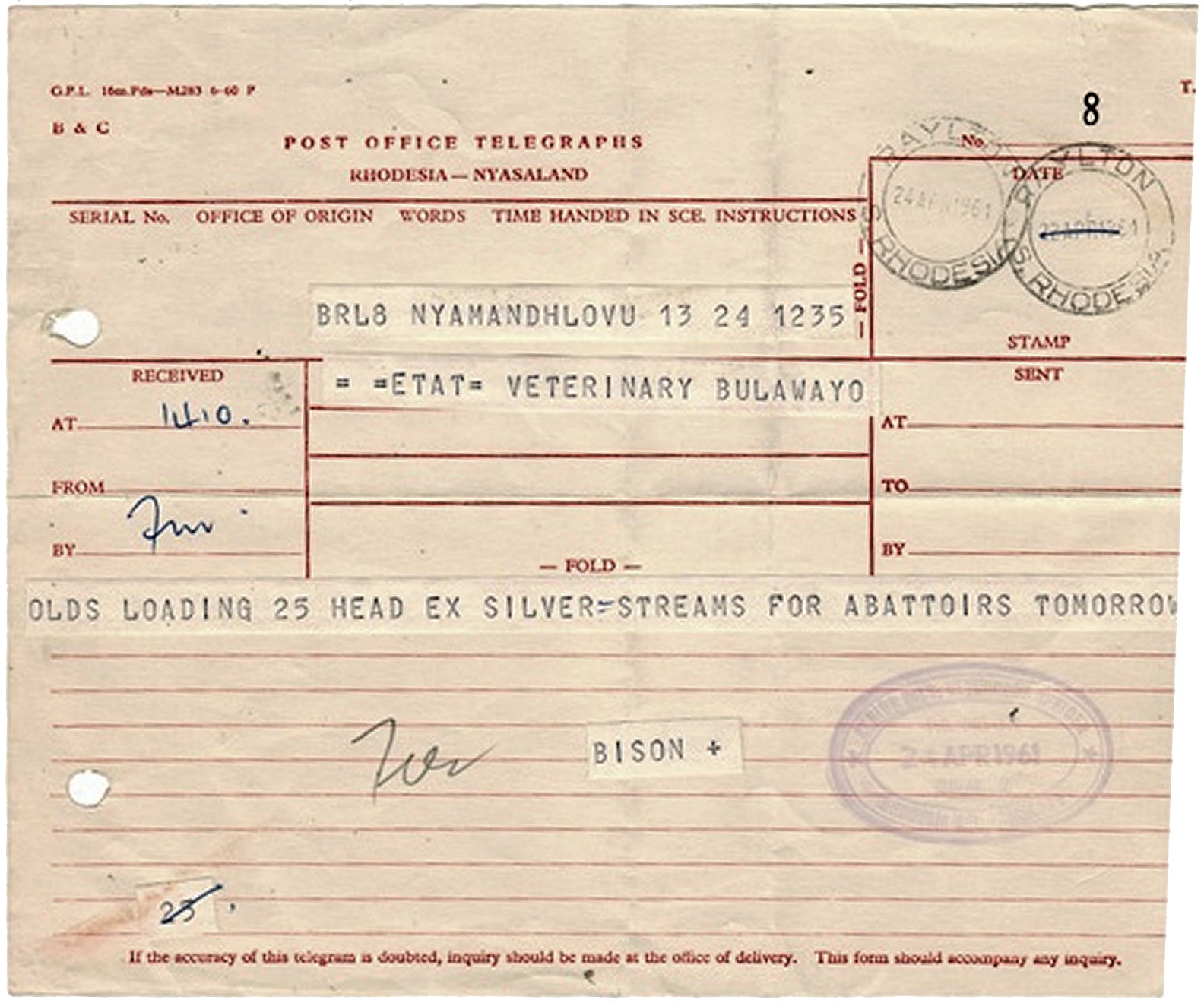 Rhodesia & Nyasaland PO Telegraphs - imprint 6-60 ?
