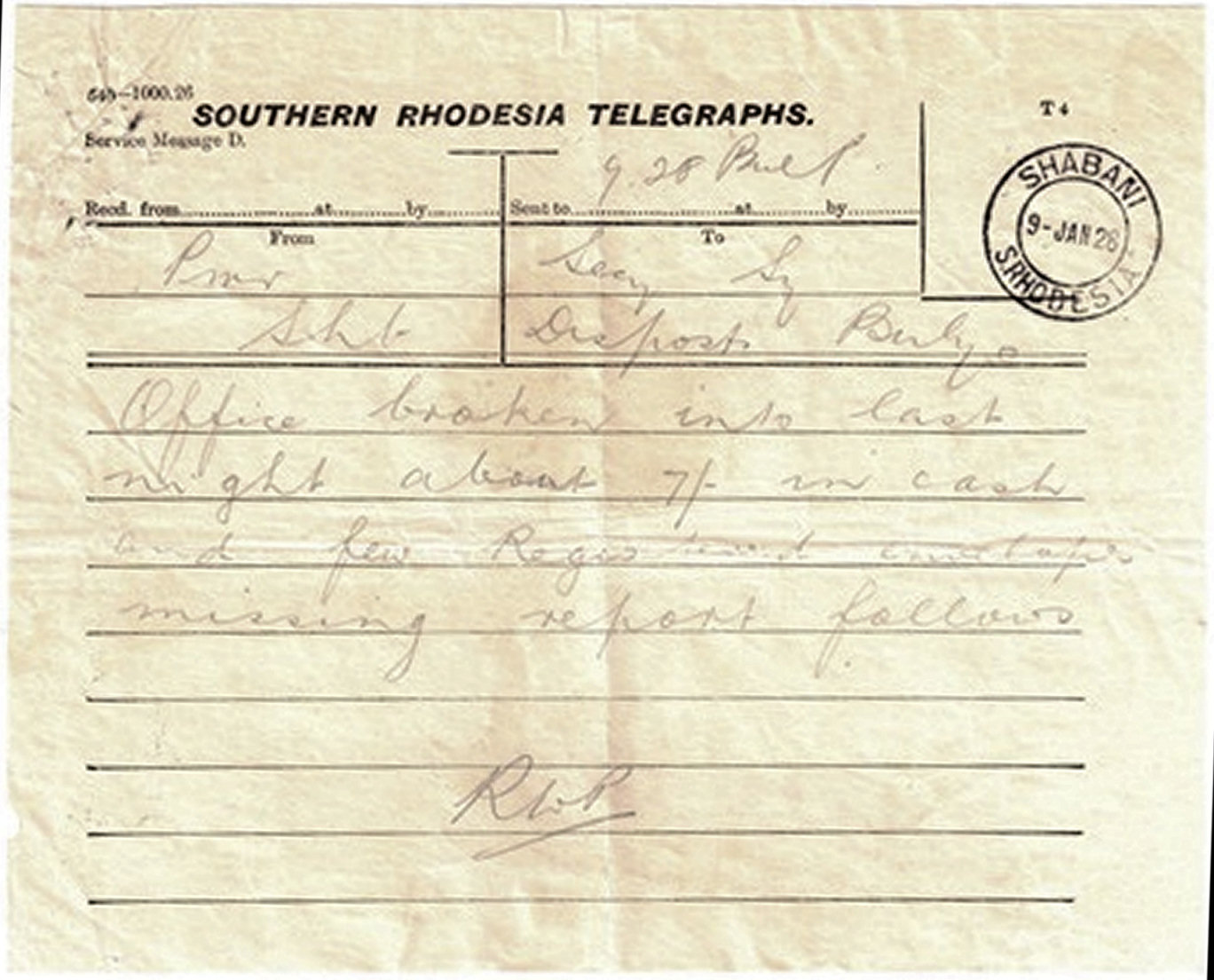 South Rhodesia Service Message - 1926