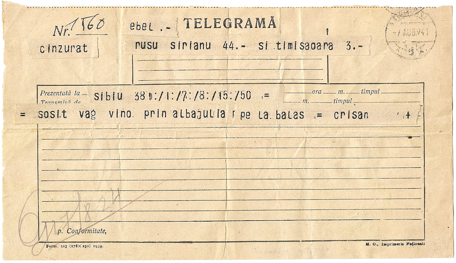 Telegram of 7 August 1941