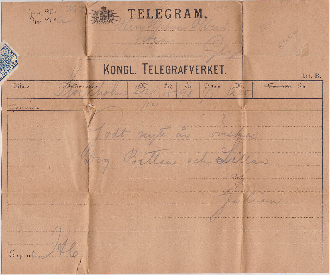 Sweden Telegram used 1 January 1898