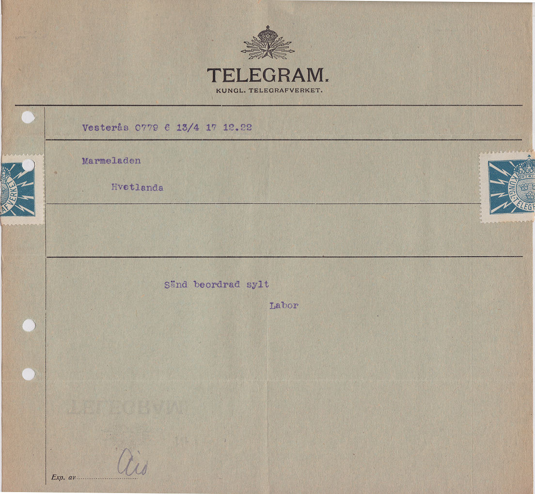 Sweden Telegram used 13 April 1917?