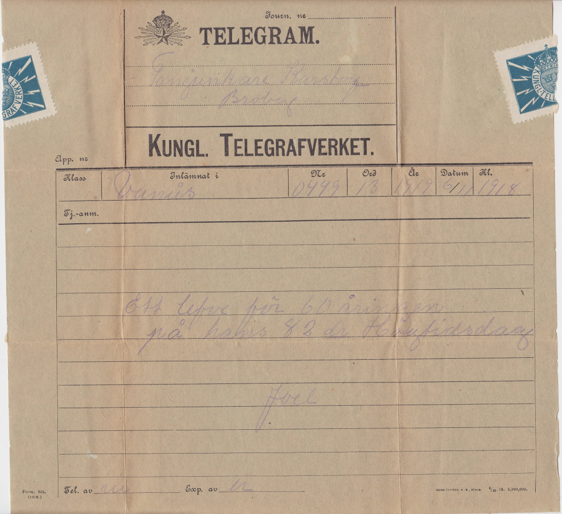Sweden Telegram used 19 September 1919
