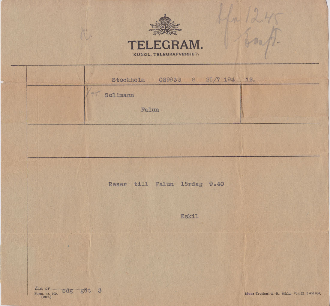 Sweden Telegram used 25 July 192?