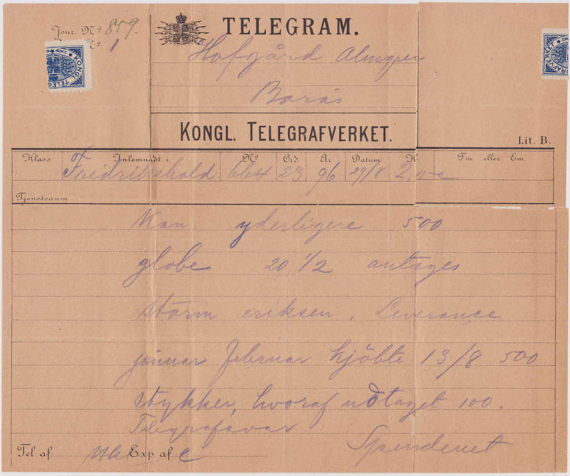 Sweden Telegram used 29 August 1896