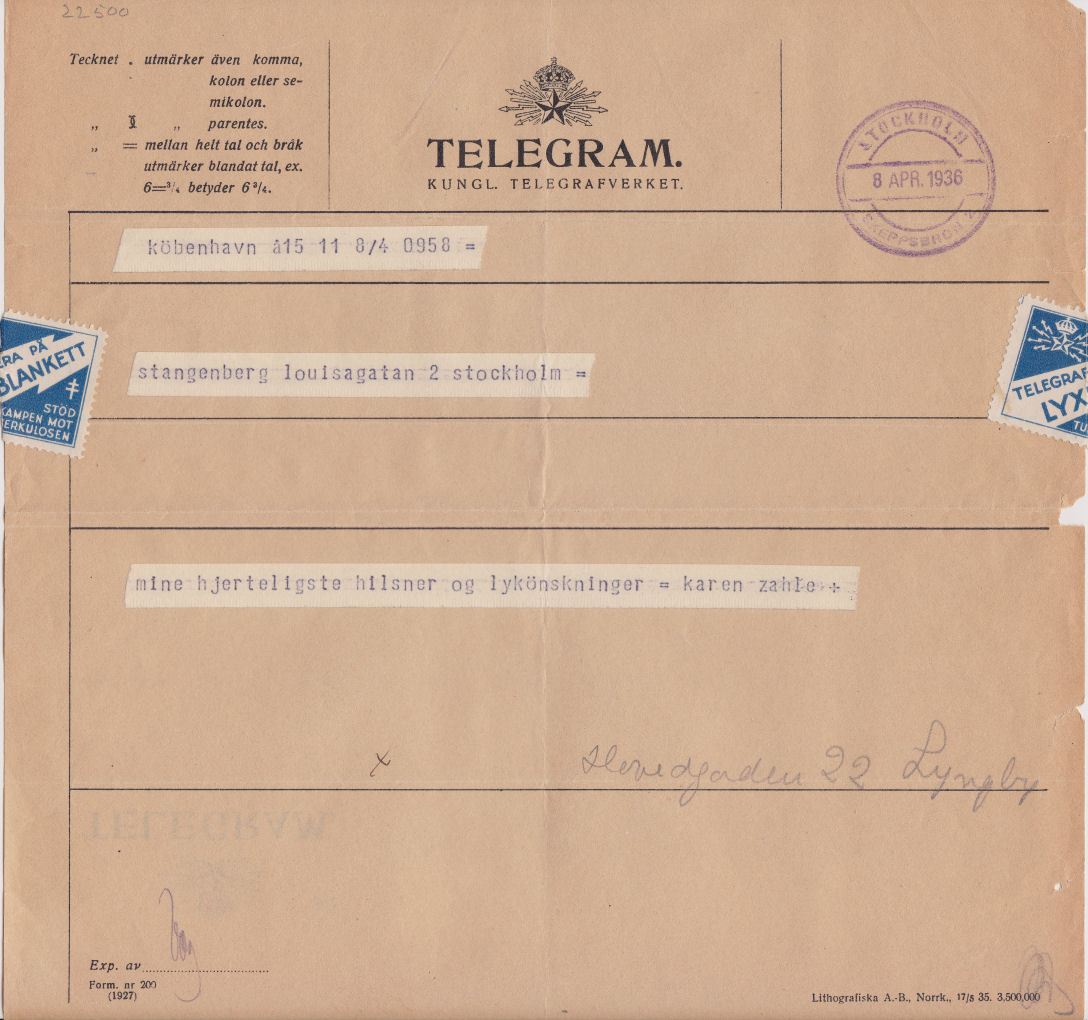 Sweden Telegram used 8 April 1936