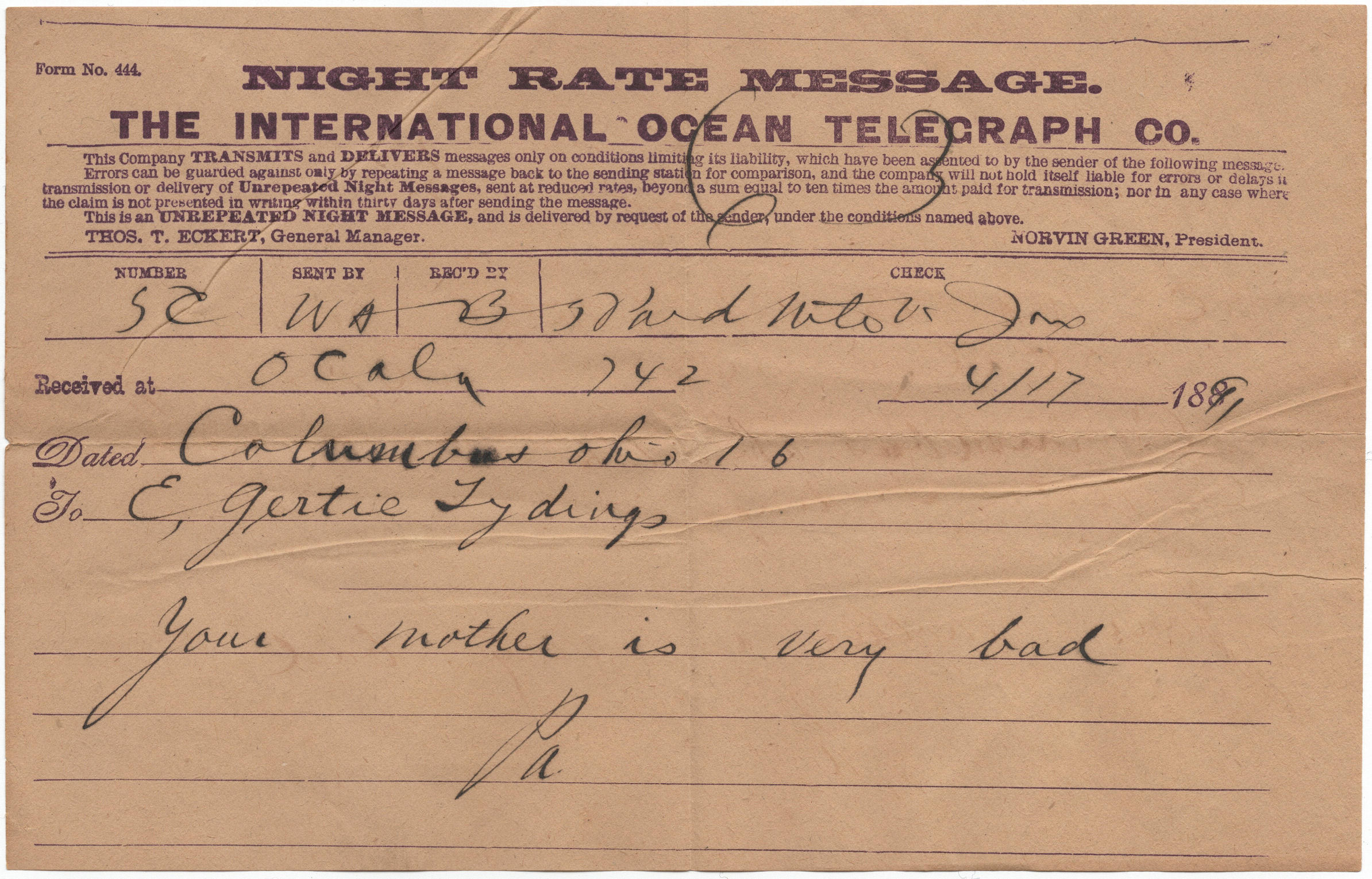 Ocean Night Rate Telegram - 1891