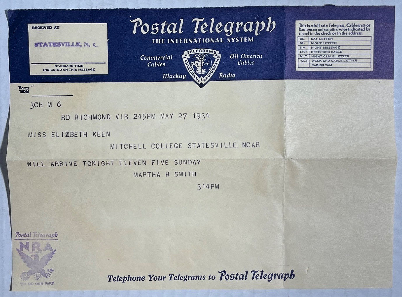 Form 16DM telegram used in 1934