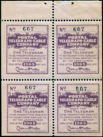 USA Postal Tel-Cable 1909 - One Telegram Block - 607